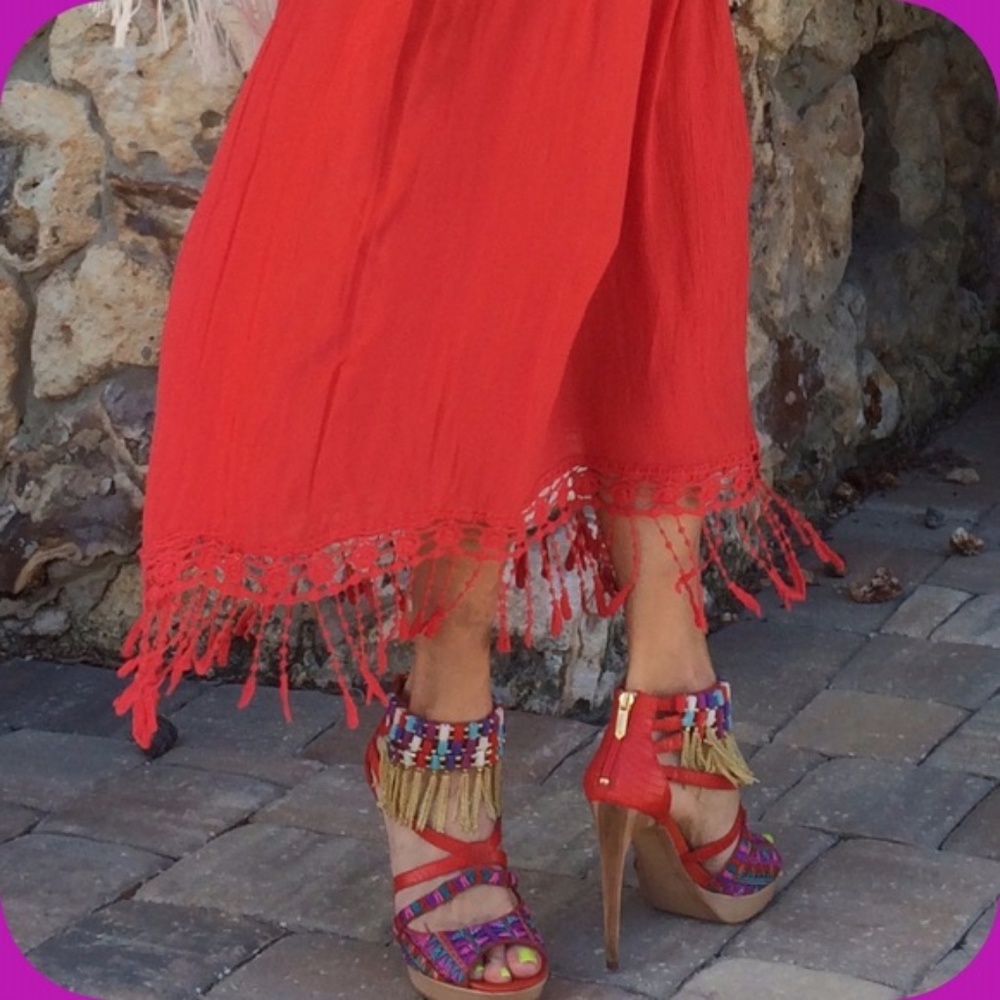 Boho Chic Fringed Skirt Chili Red